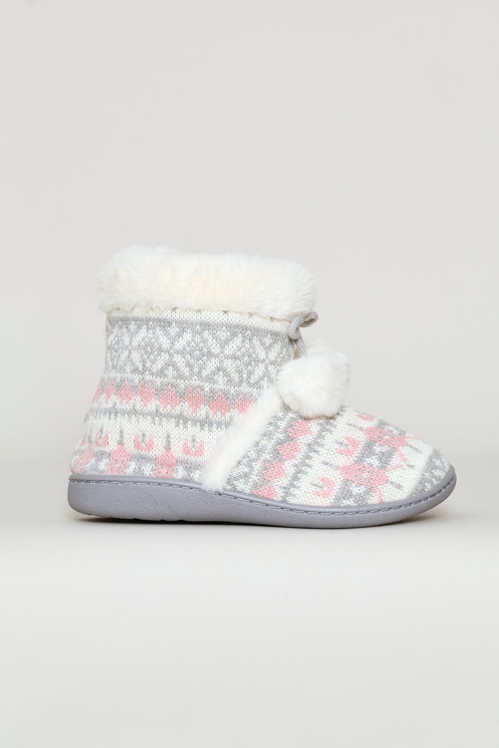 Patterned Bootie With Pompoms - Pink