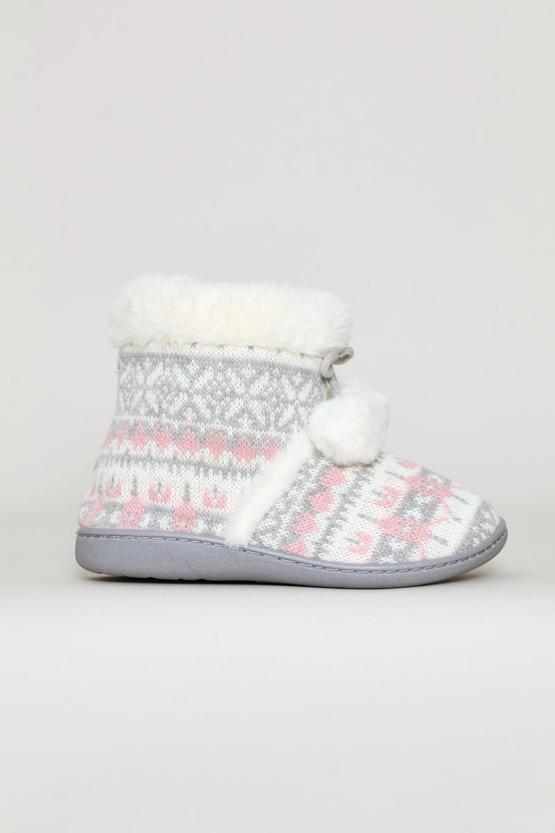 Patterned Bootie With Pompoms - Pink