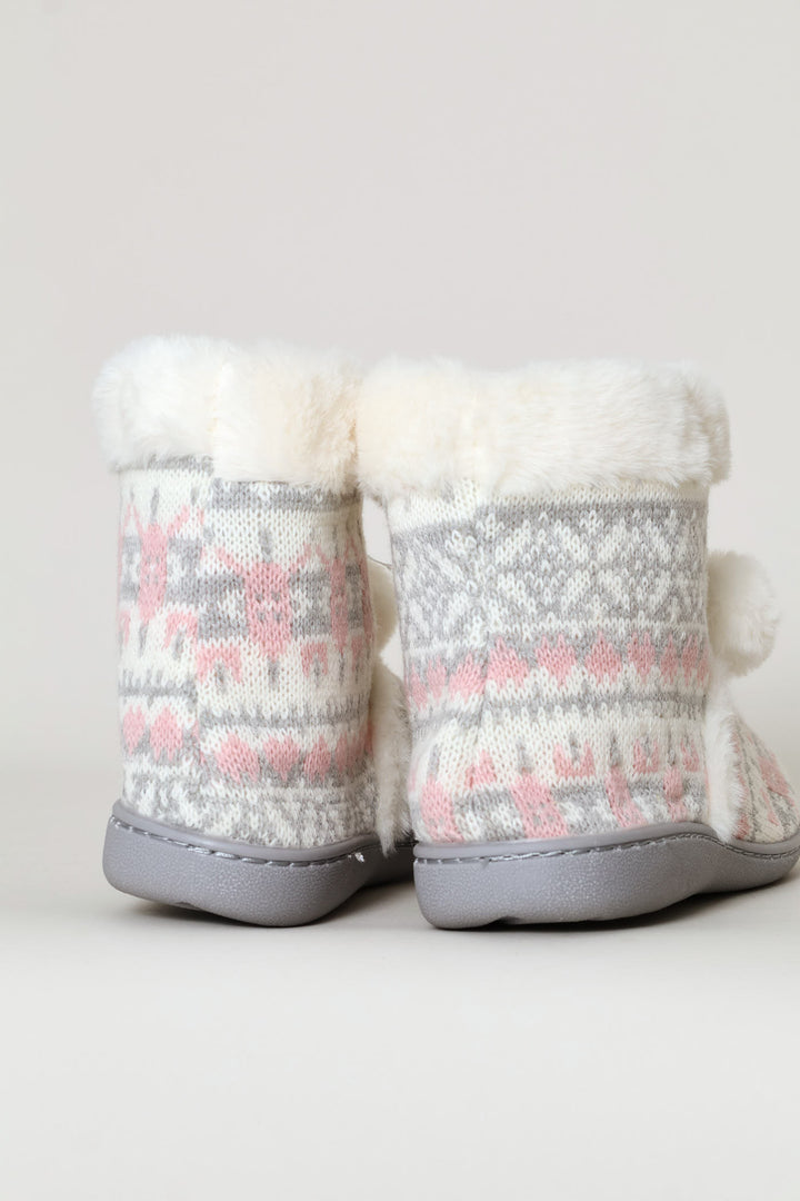 Patterned Bootie With Pompoms - Pink