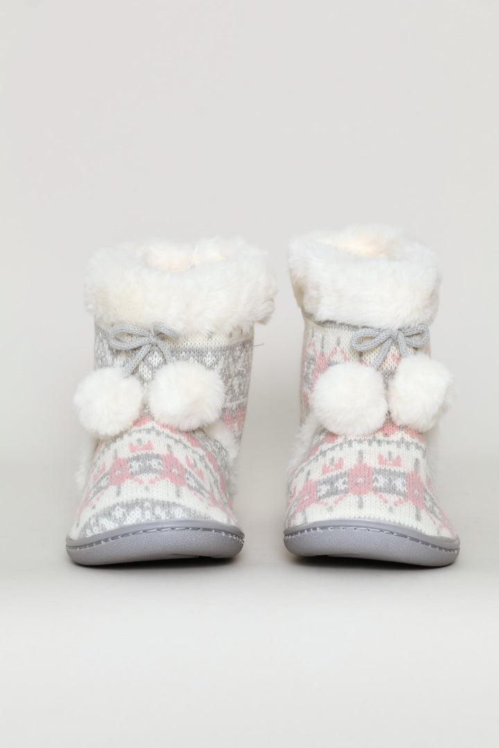 Patterned Bootie With Pompoms - Pink