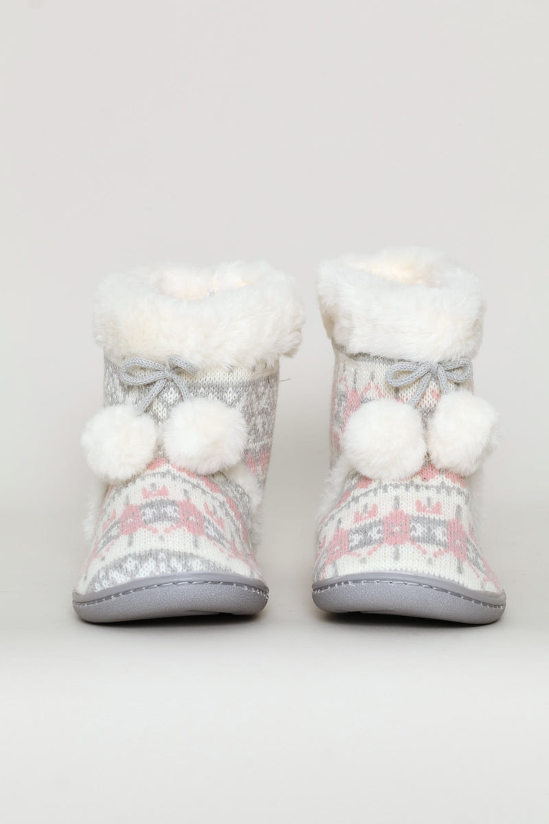 Patterned Bootie With Pompoms - Pink