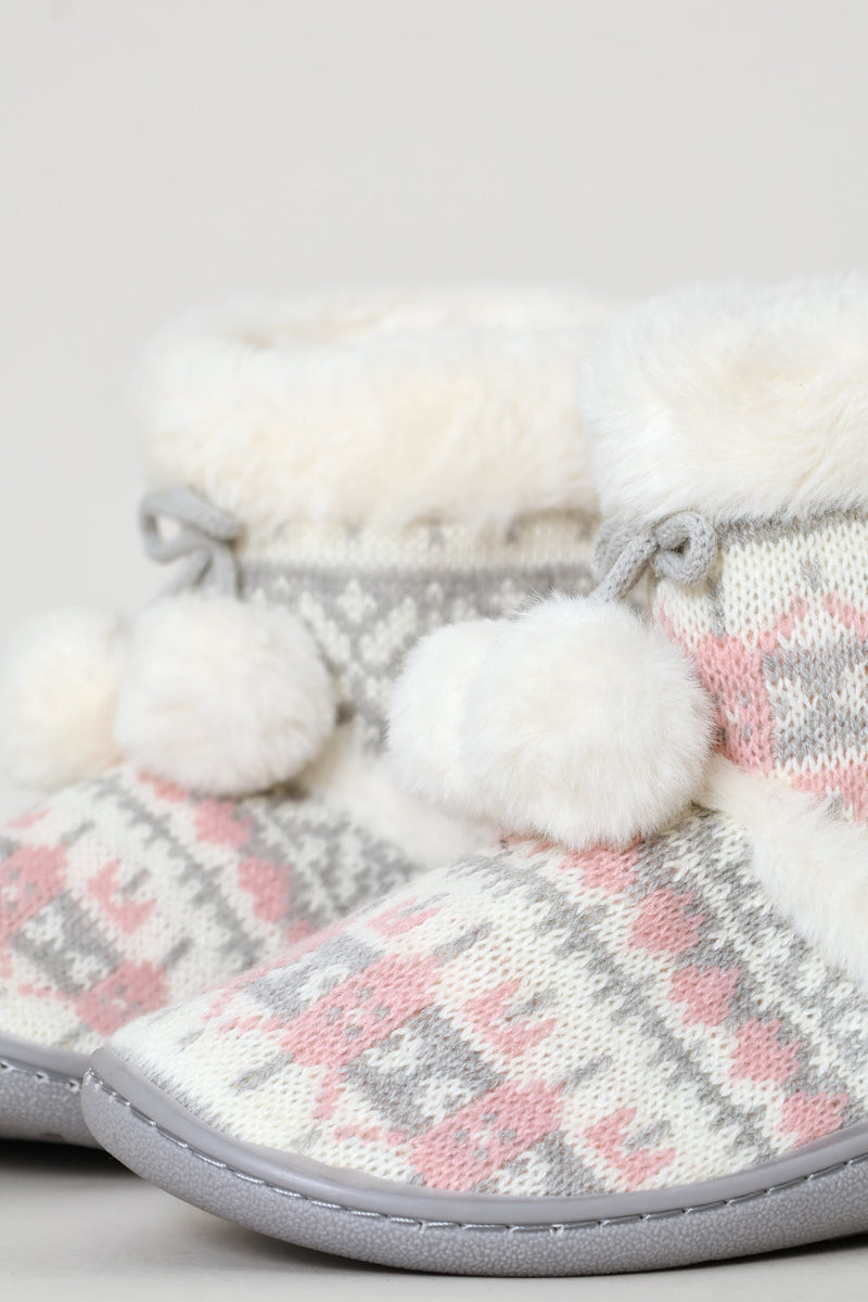 Patterned Bootie With Pompoms - Pink