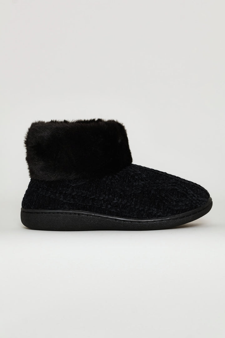 Slipper Bootie With Full Faux Fur Topline - Black