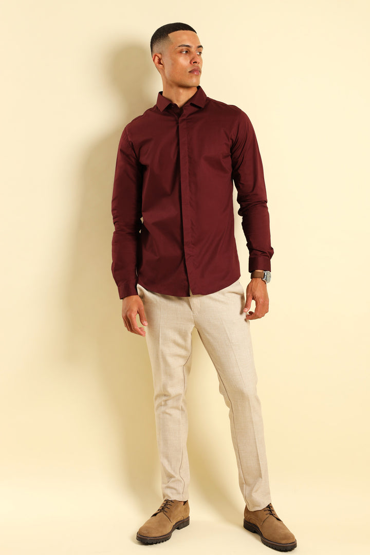 Stretch Concealed Placket Shirt - Burgundy