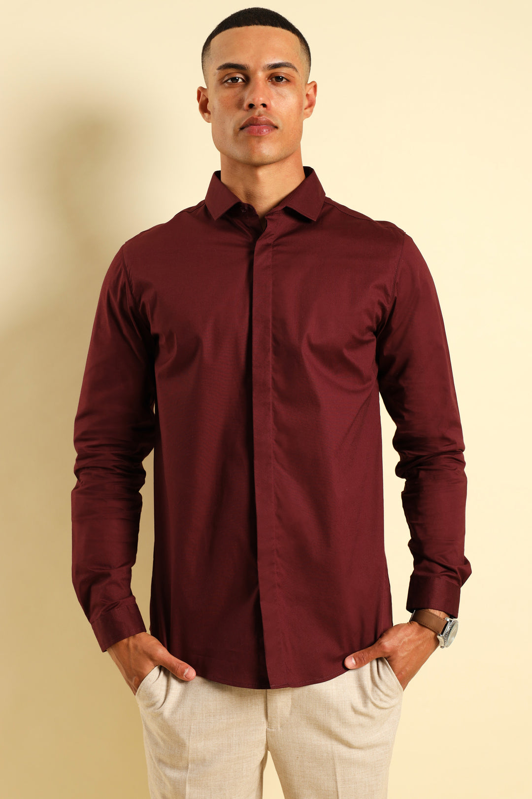 Mens Stretch Concealed Placket Shirt - Burgundy Edgars Mens Stretch Concealed Placket Shirt - Burgundy Edgars