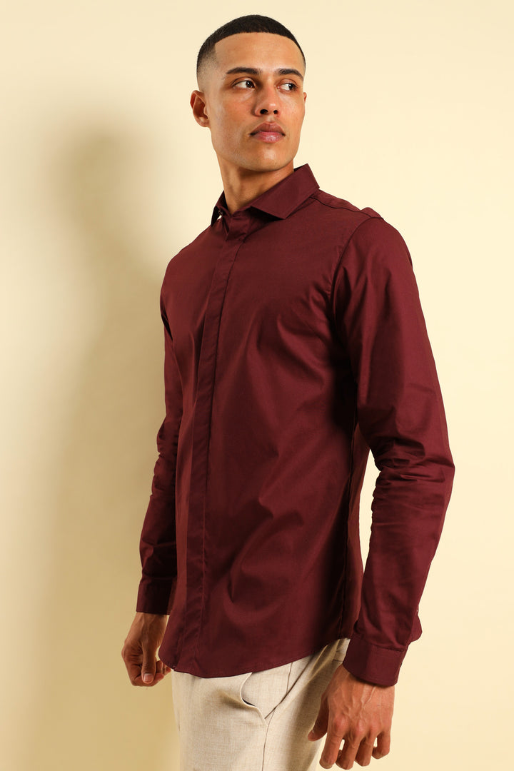 Stretch Concealed Placket Shirt - Burgundy