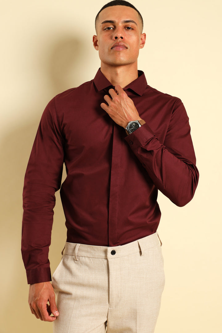 Stretch Concealed Placket Shirt - Burgundy