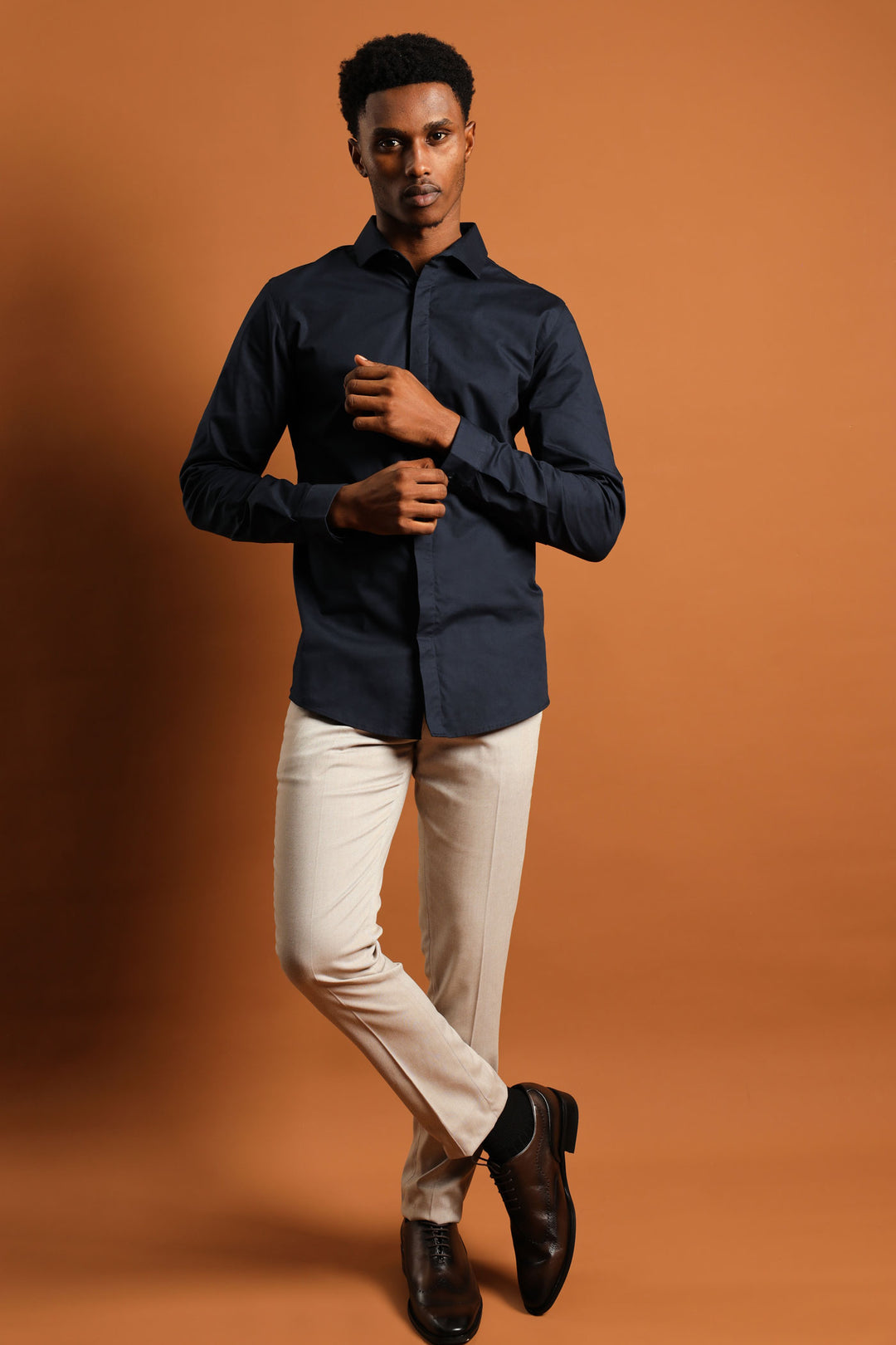 Stretch Concealed Placket Shirt - Navy