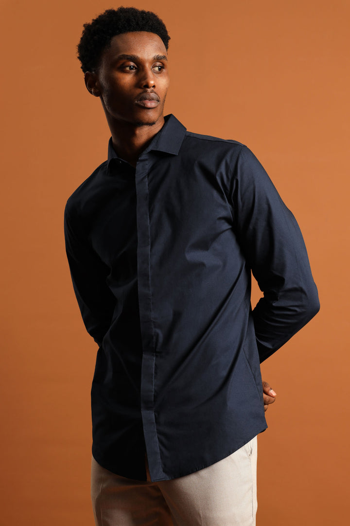 Stretch Concealed Placket Shirt - Navy