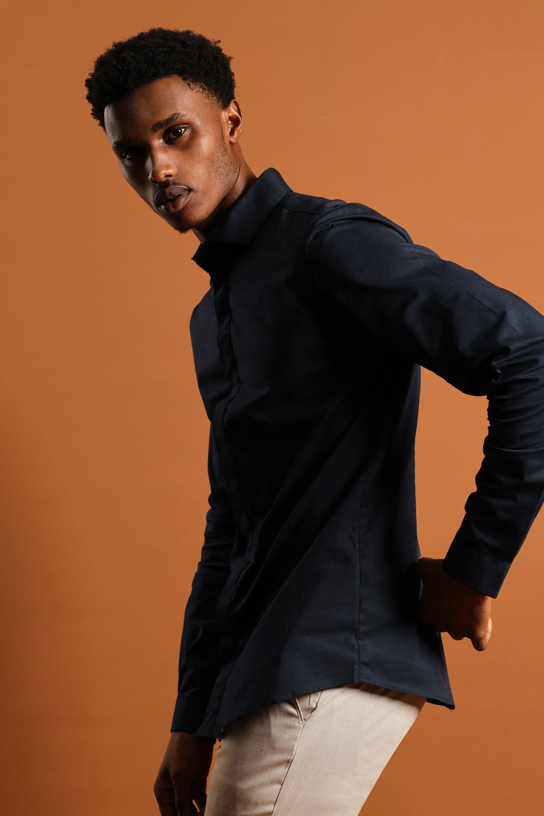Stretch Concealed Placket Shirt - Navy