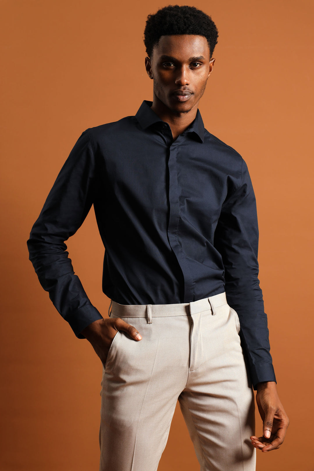 Stretch Concealed Placket Shirt - Navy
