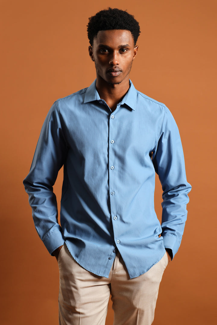 Slim Textured Long Sleeve Shirt - Smokey Blue