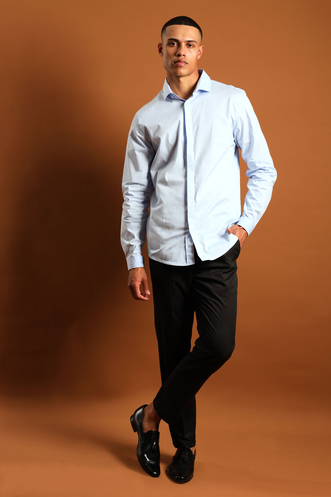 Stretch Concealed Placket Shirt - Light Blue