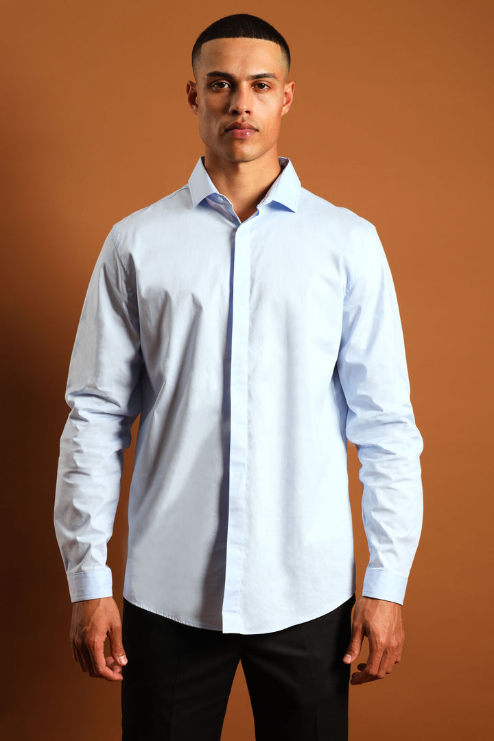 Stretch Concealed Placket Shirt - Light Blue