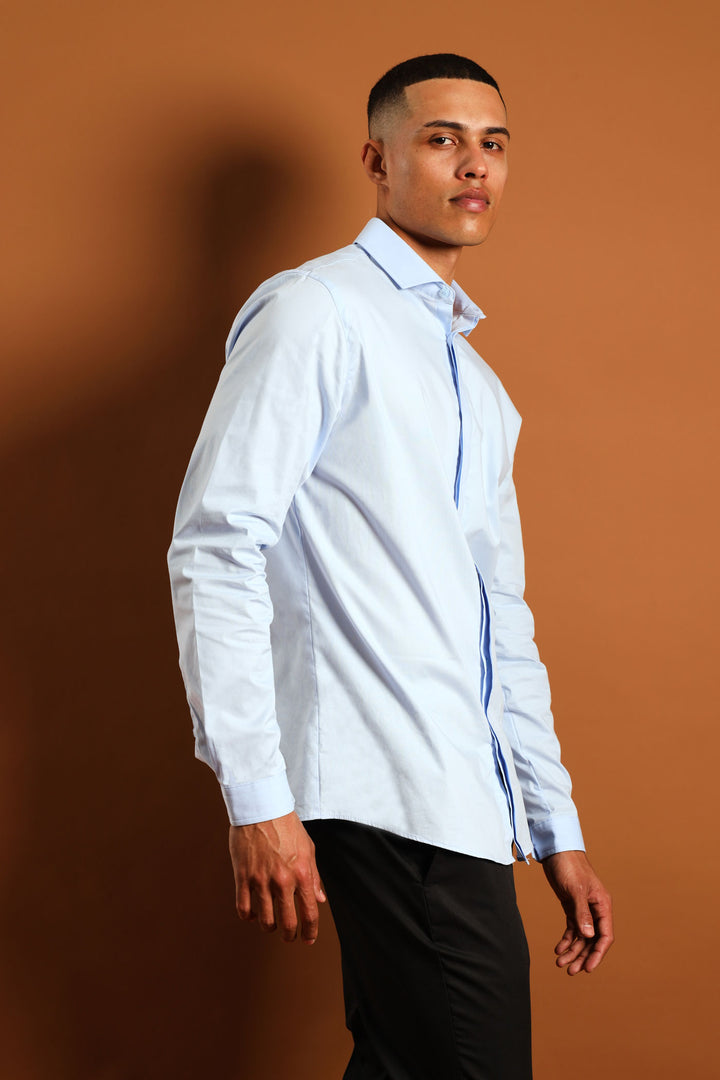 Stretch Concealed Placket Shirt - Light Blue