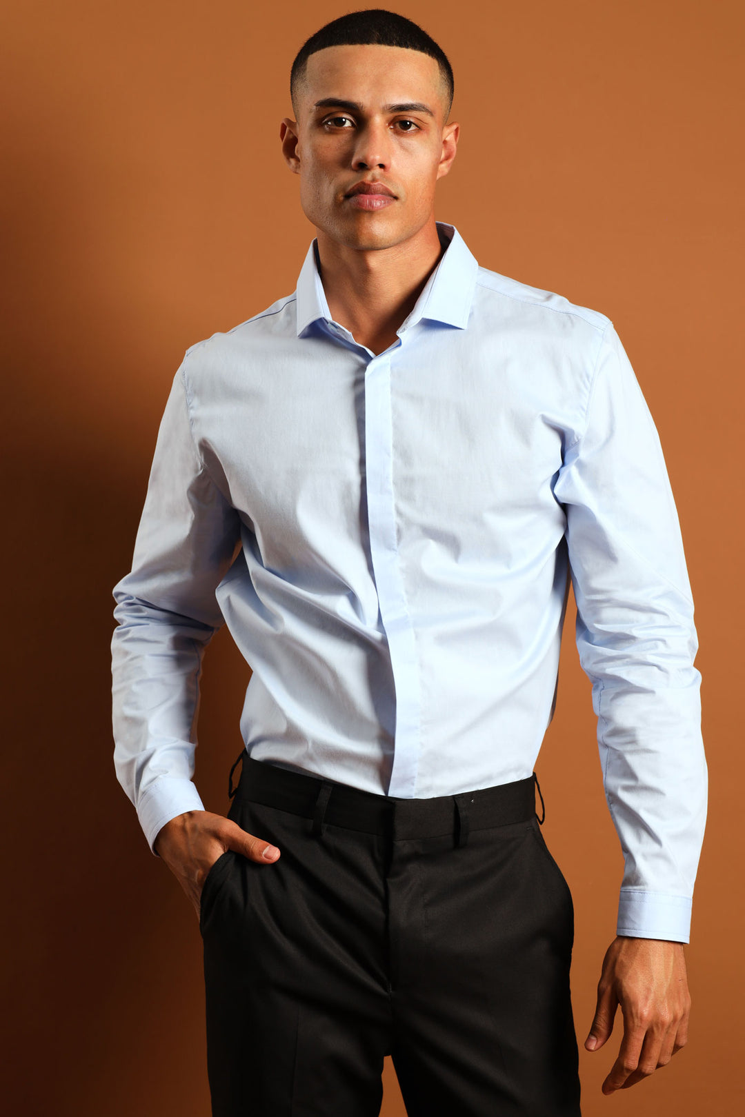 Stretch Concealed Placket Shirt - Light Blue