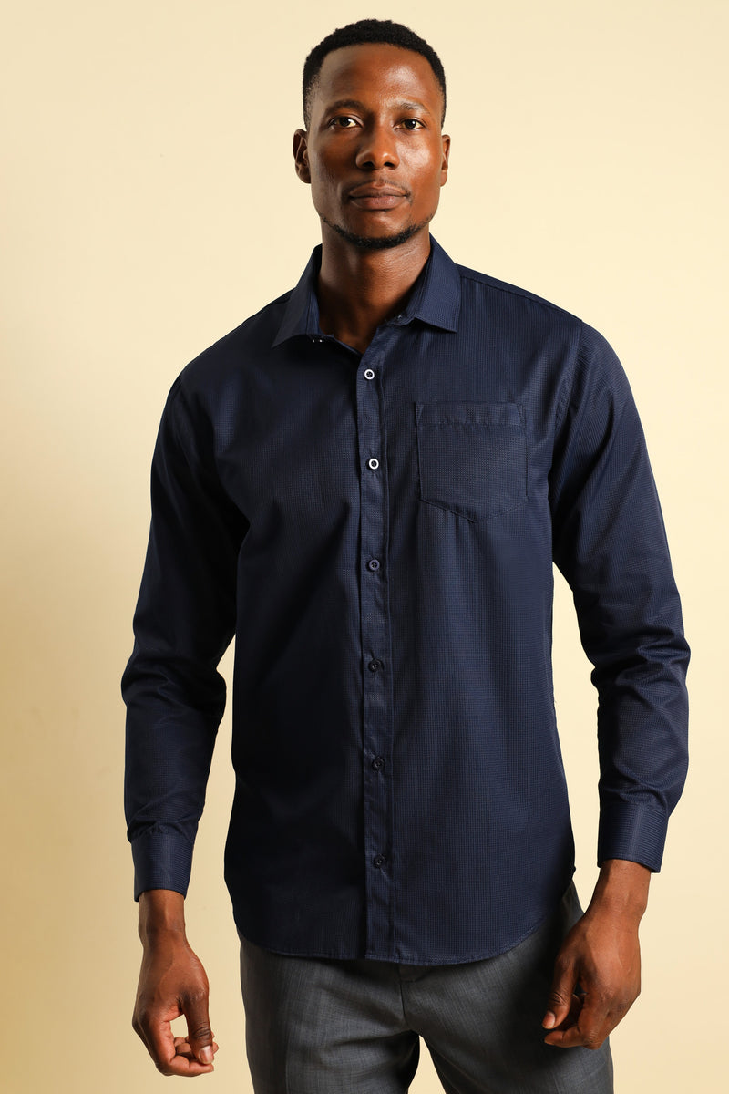 Textured Long Sleeve Shirt - Navy