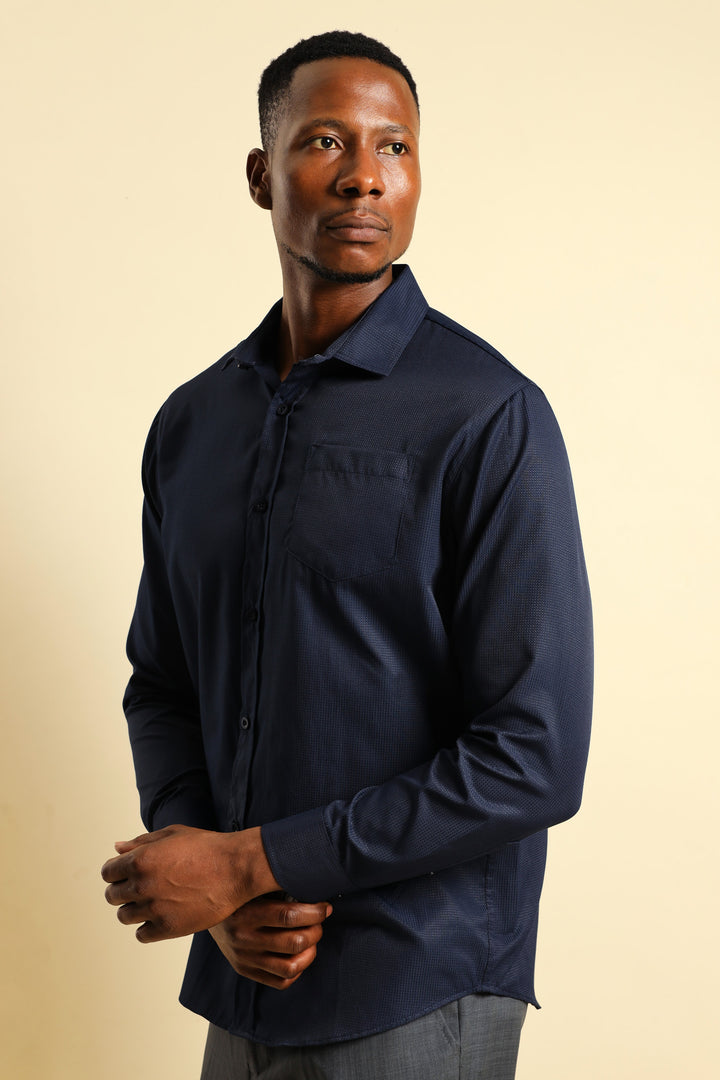 Textured Long Sleeve Shirt - Navy