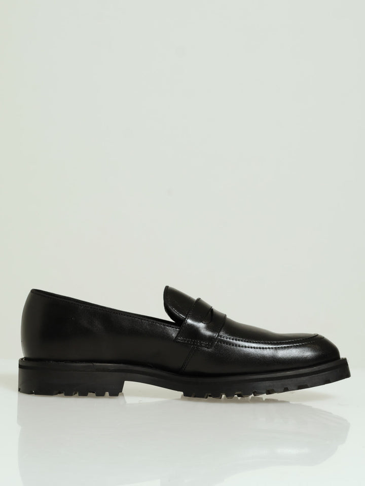 Leather Chunky Lug Sole Slip On Loafer - Black