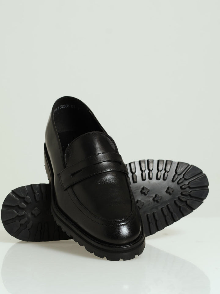 Leather Chunky Lug Sole Slip On Loafer - Black