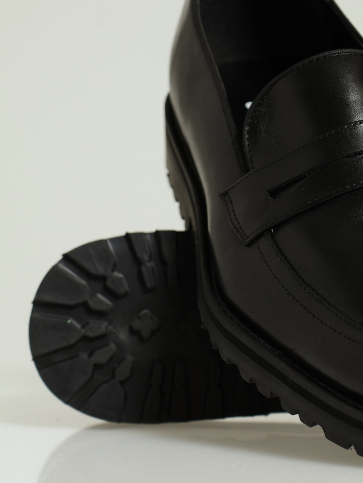 Leather Chunky Lug Sole Slip On Loafer - Black