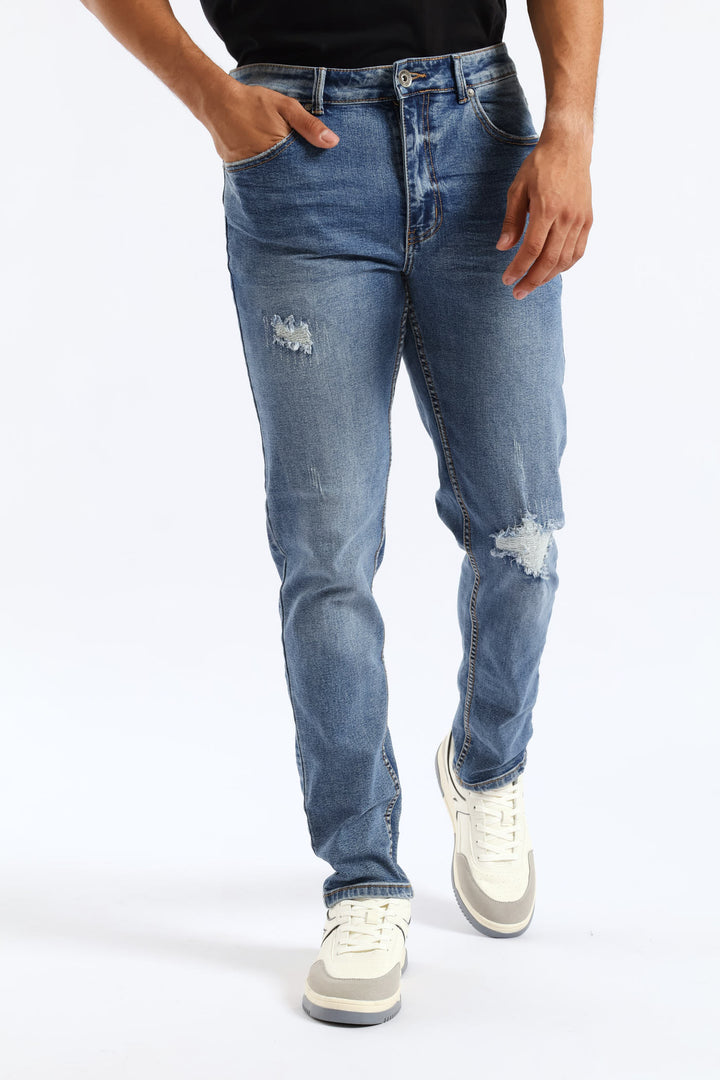 Mid Wash Skinny Rip Ripair Denim - Mid Blue