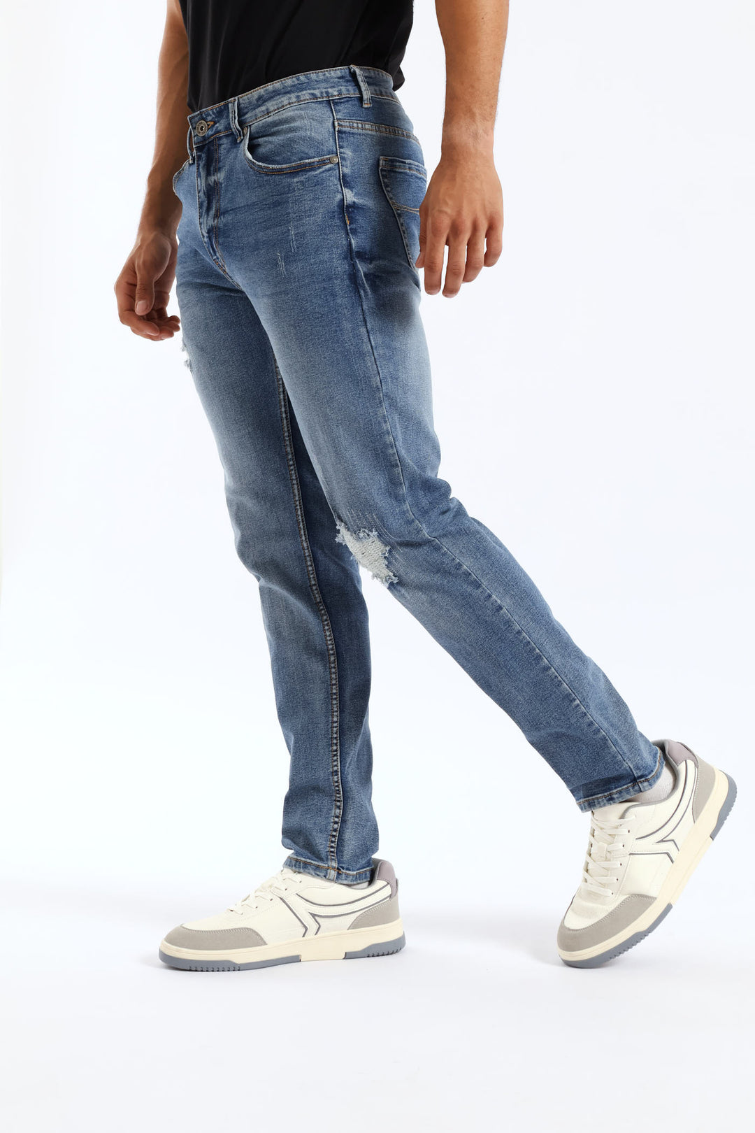 Mid Wash Skinny Rip Ripair Denim - Mid Blue