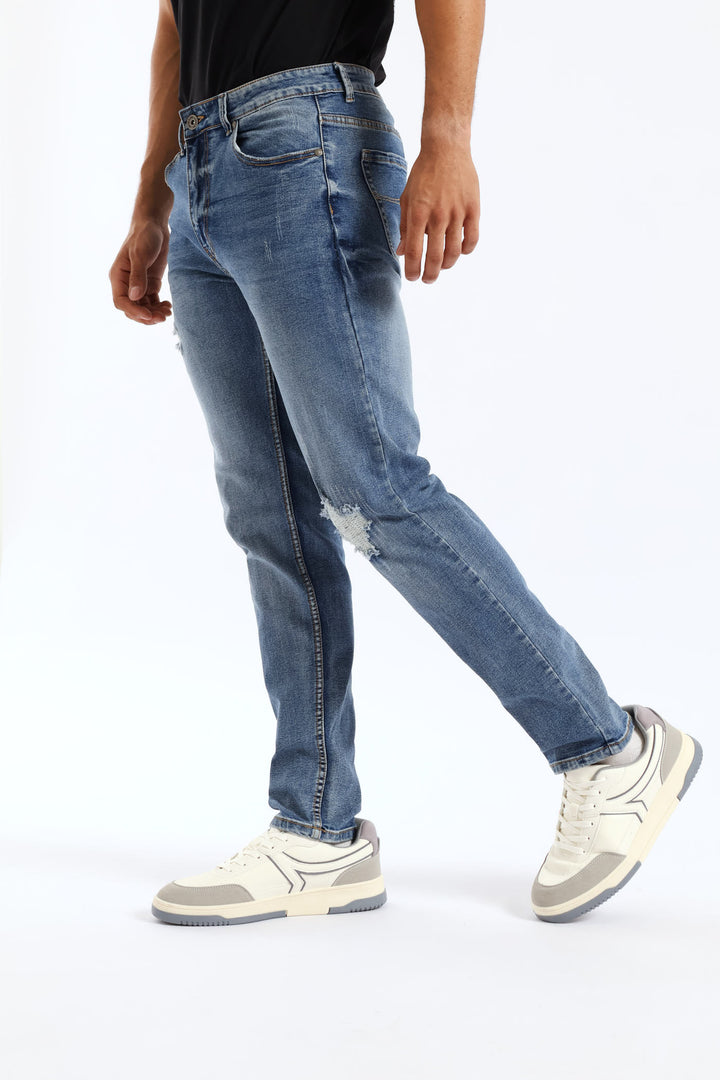 Mid Wash Skinny Rip Ripair Denim - Mid Blue