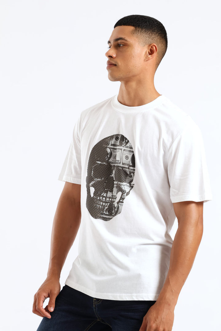 Money Skull Print Tee - White