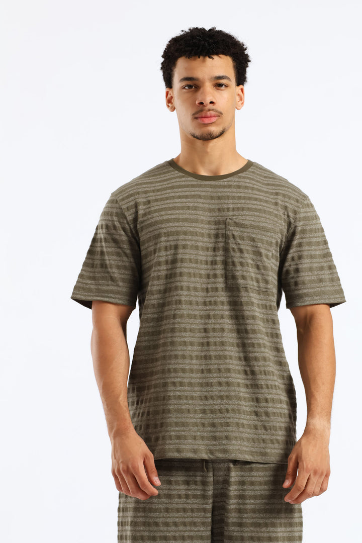 Salt & Pepper Stripe Pyjama Top - Olive