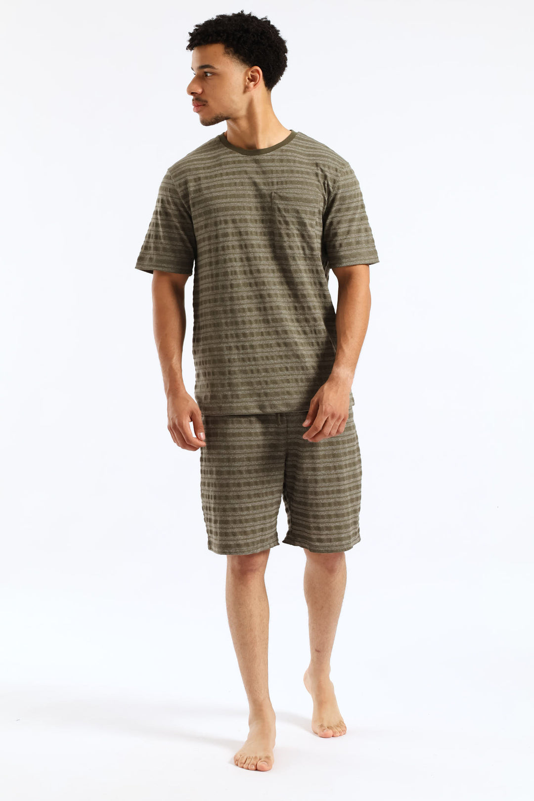 Salt & Pepper Stripe Pyjama Shorts - Olive