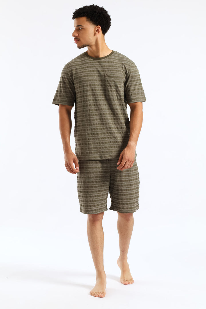 Salt & Pepper Stripe Pyjama Shorts - Olive
