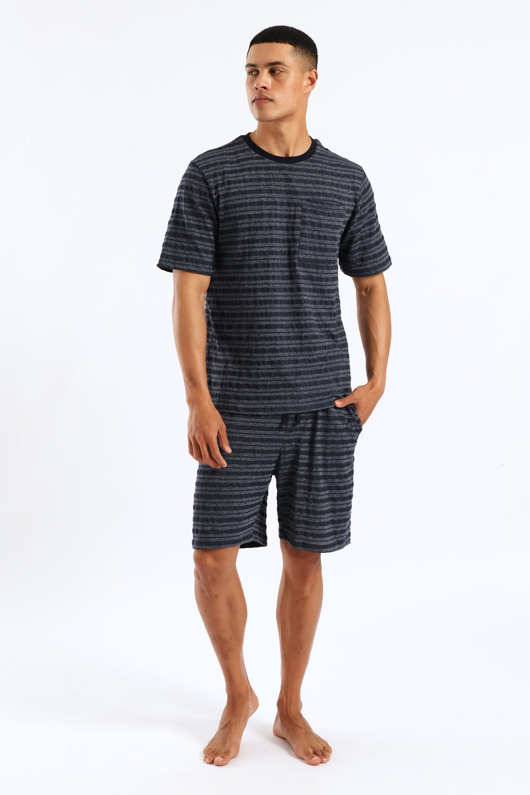 Salt & Pepper Stripe Pyjama Top - Navy