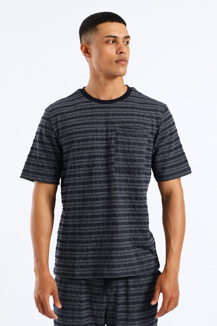 Salt & Pepper Stripe Pyjama Top - Navy