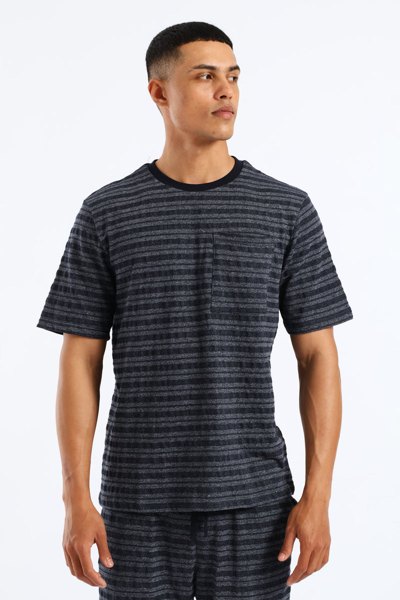 Salt & Pepper Stripe Pyjama Top - Navy