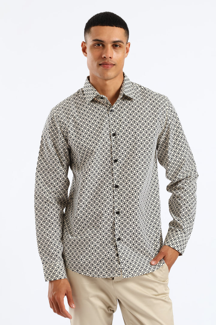 Slim Geometric Square Printed Long Sleeve Shirt - Black/Beige