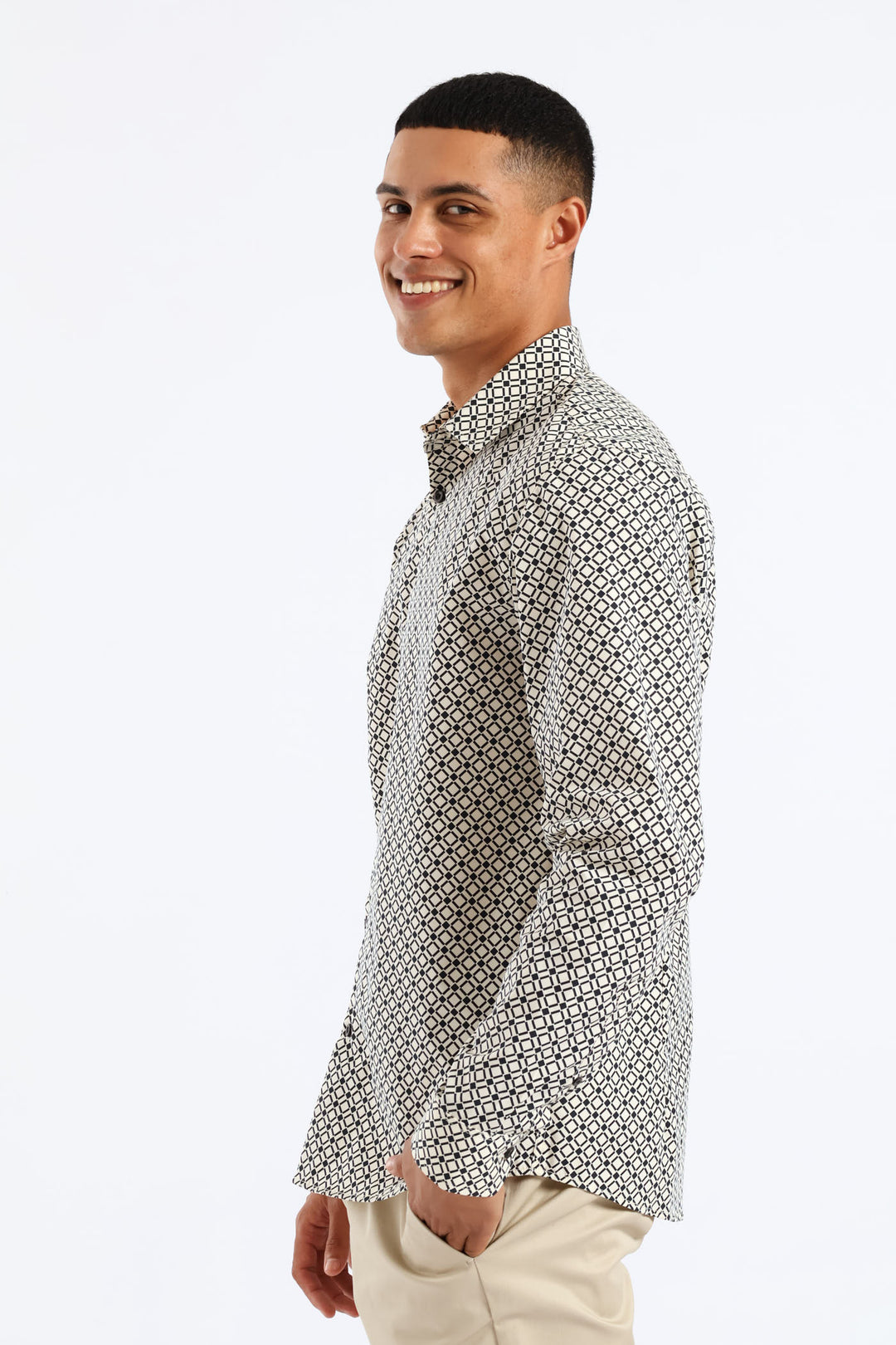 Slim Geometric Square Printed Long Sleeve Shirt - Black/Beige