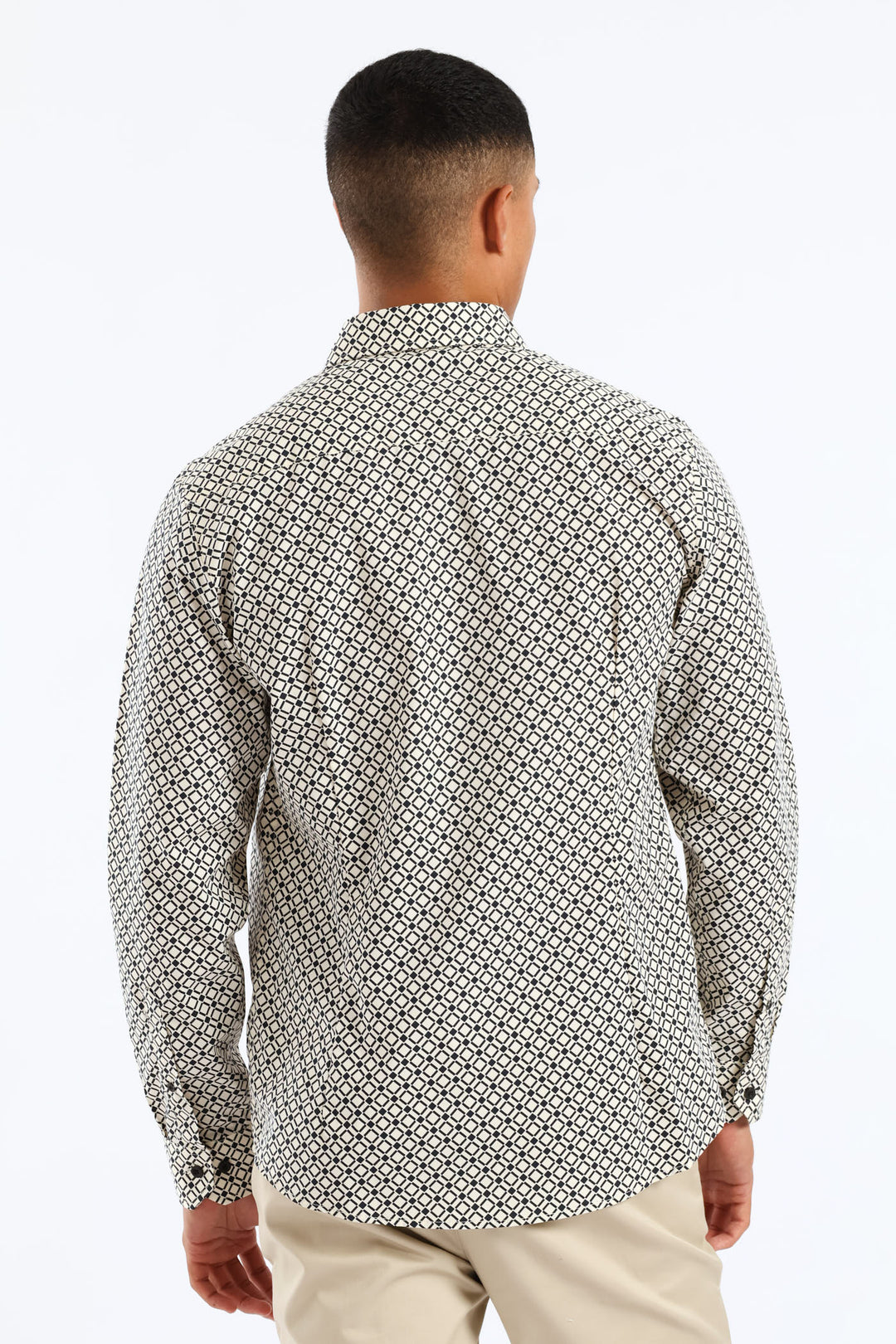 Slim Geometric Square Printed Long Sleeve Shirt - Black/Beige
