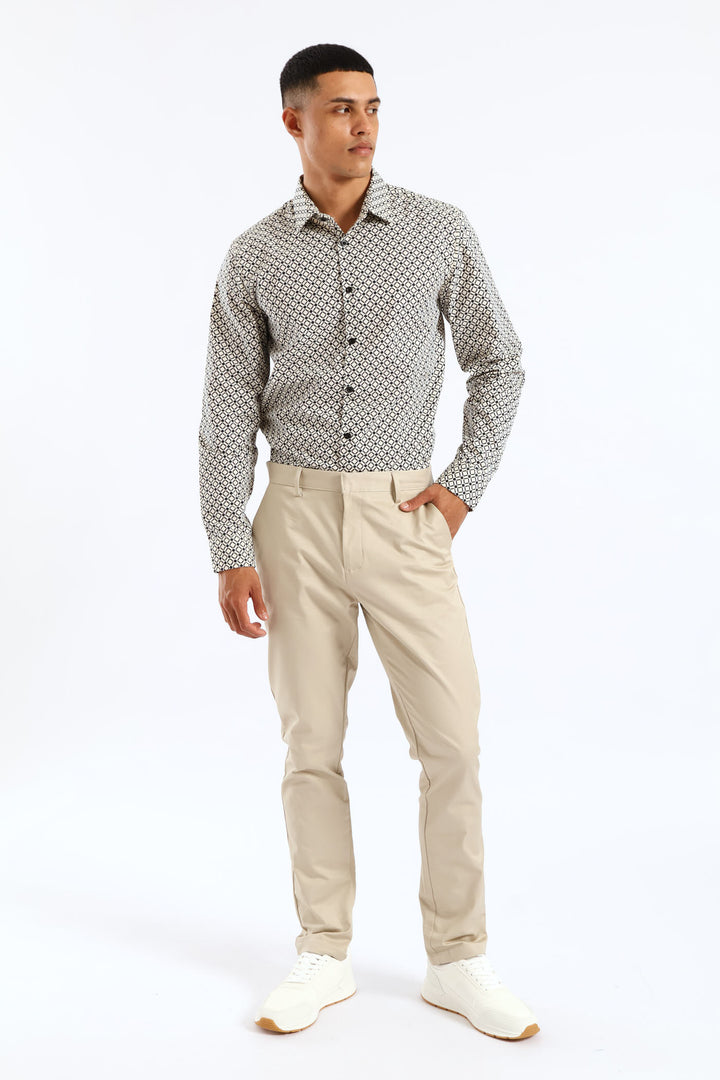 Slim Geometric Square Printed Long Sleeve Shirt - Black/Beige
