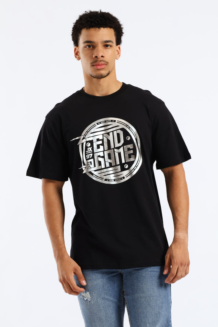 Gunmetal Foil Print Tee - Black