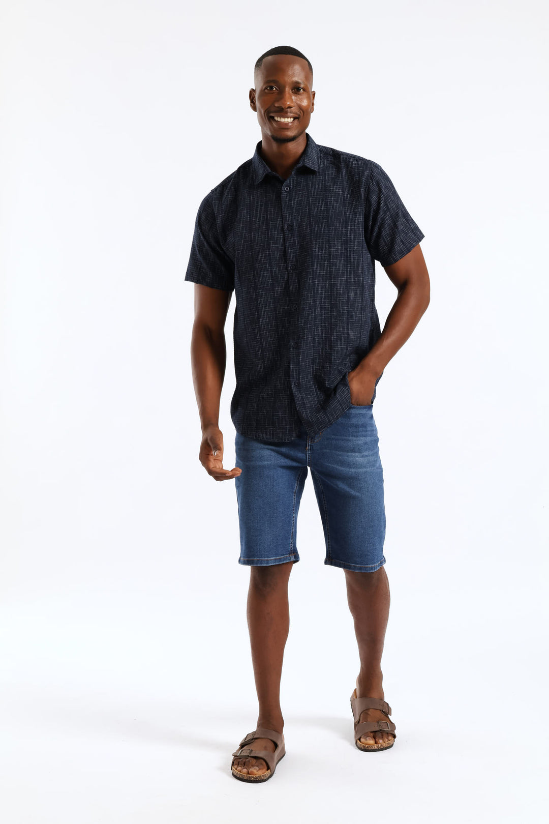 Seersucker Slub Check Regular Shirt - Navy