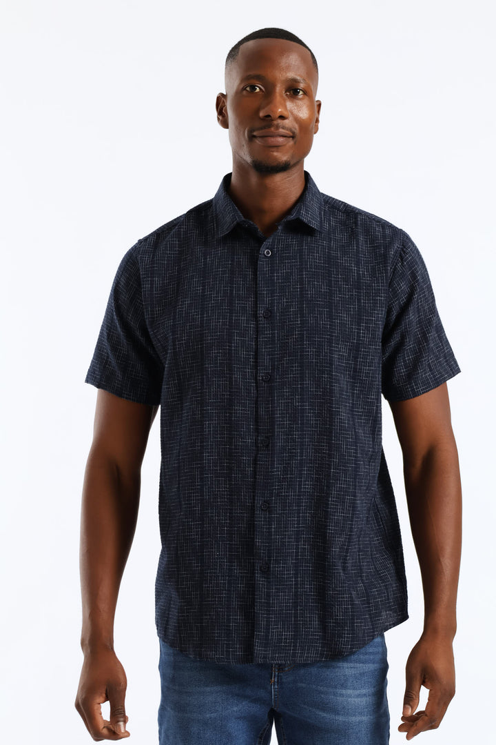 Seersucker Slub Check Regular Shirt - Navy