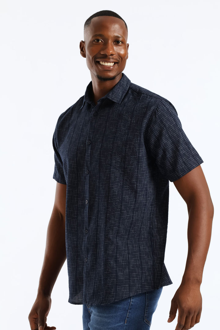 Seersucker Slub Check Regular Shirt - Navy