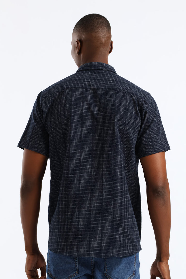 Seersucker Slub Check Regular Shirt - Navy