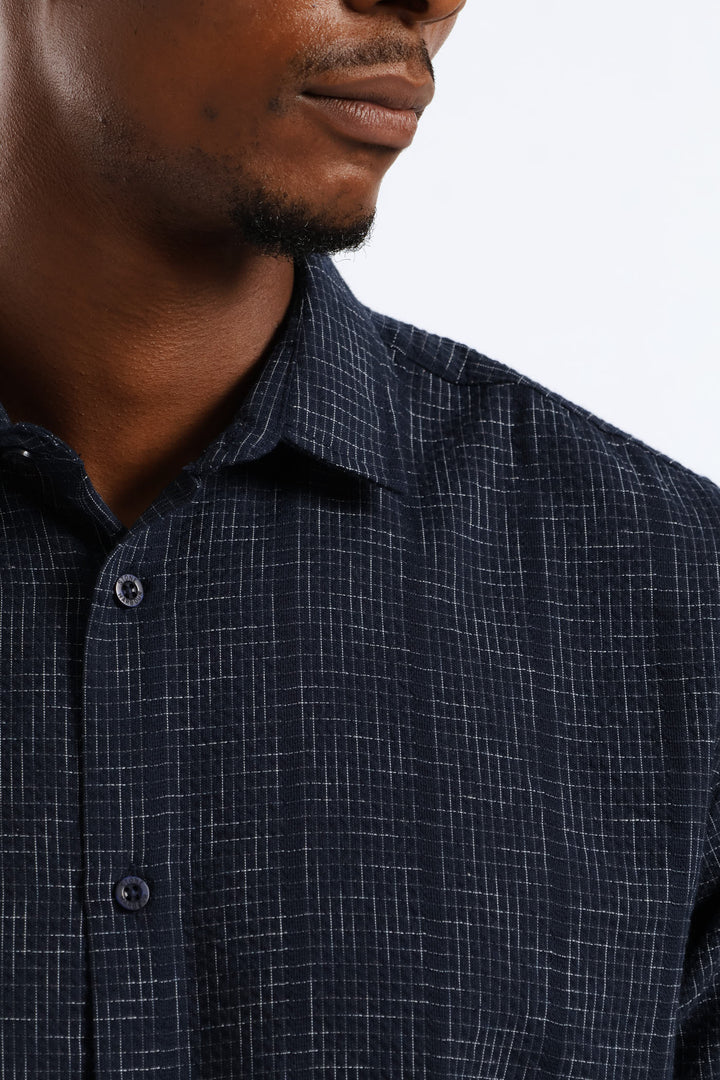 Seersucker Slub Check Regular Shirt - Navy