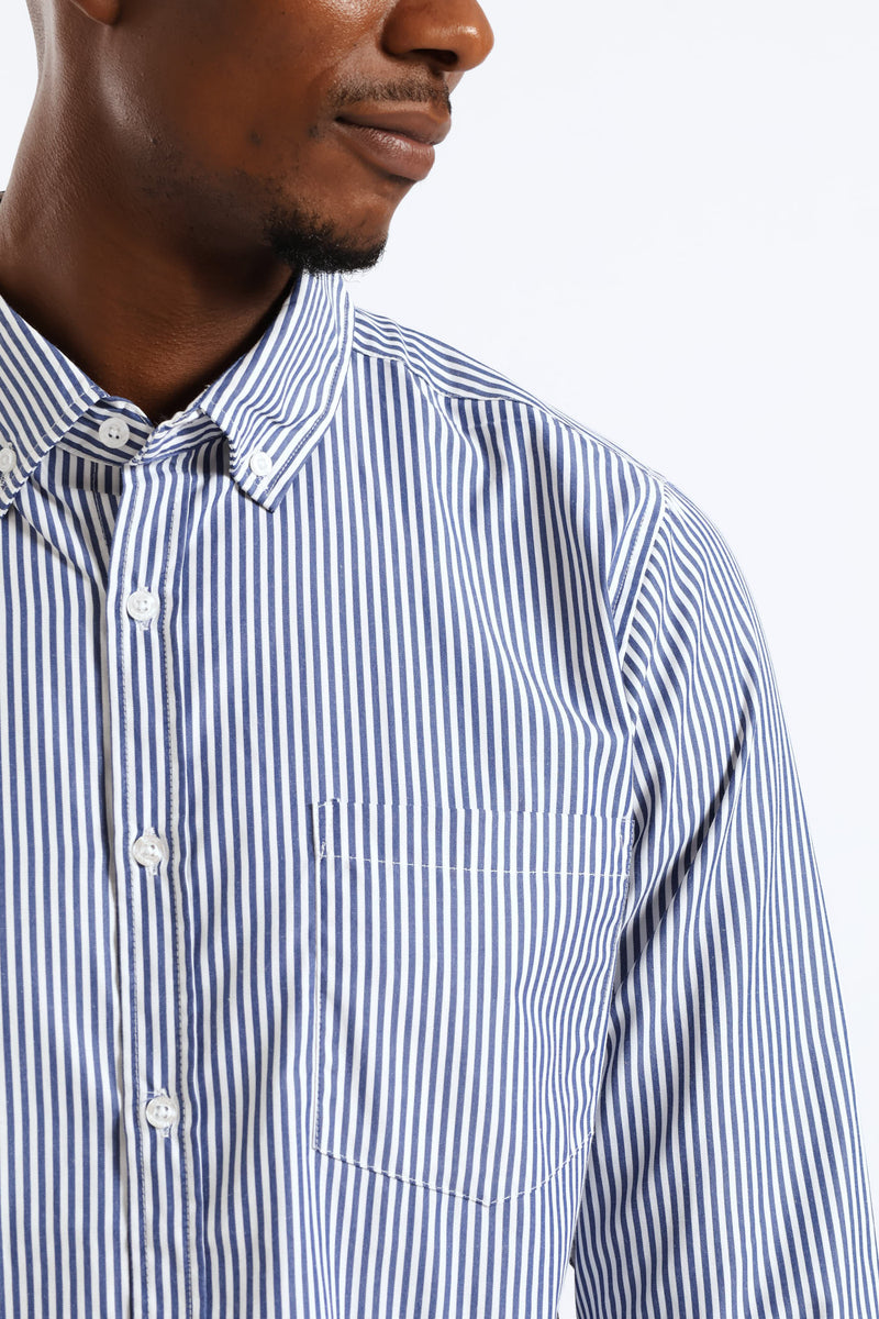 Long Sleeve Stripe Button Down Shirt - White/Blue