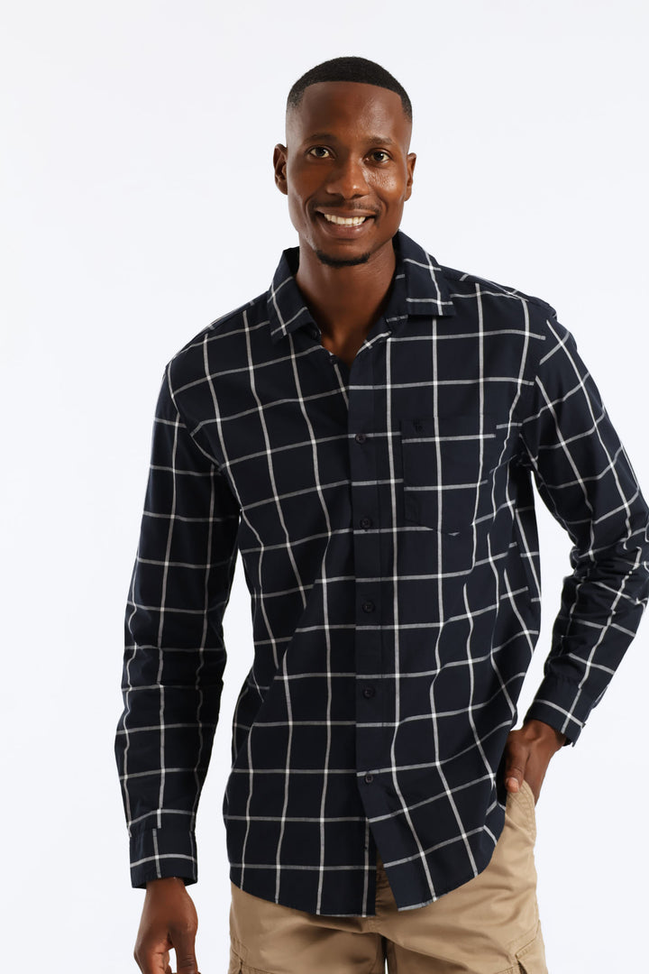 Long Sleeve Check Regular Shirt - Navy/White