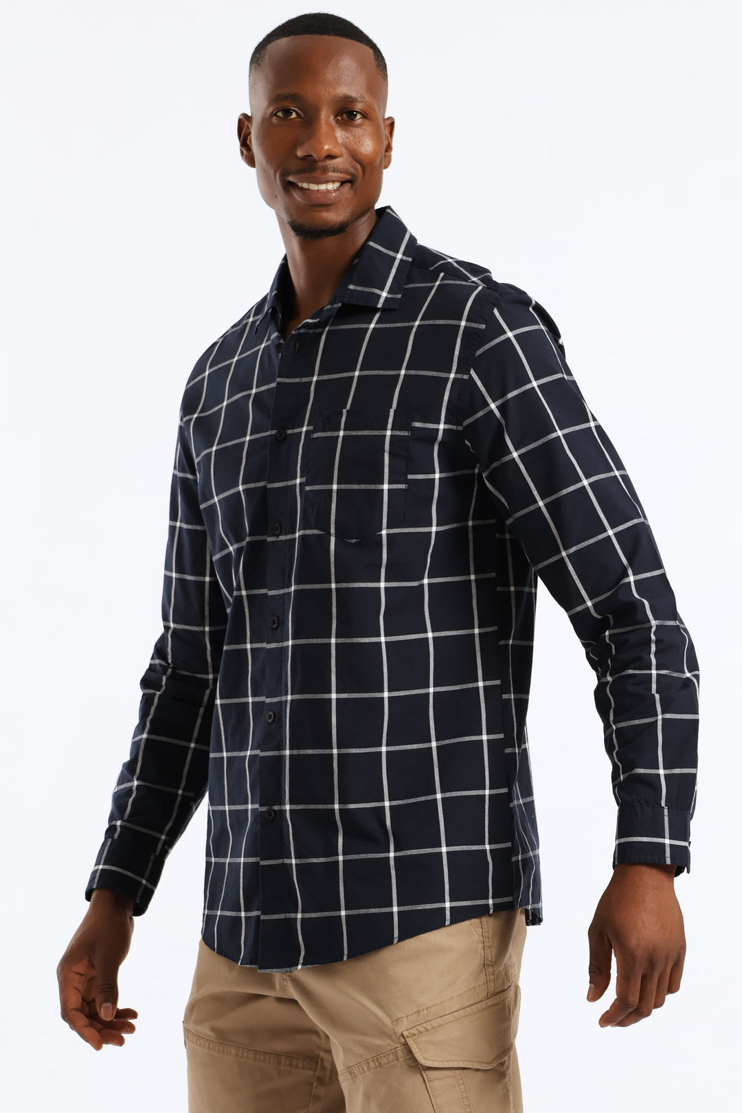 Long Sleeve Check Regular Shirt - Navy/White