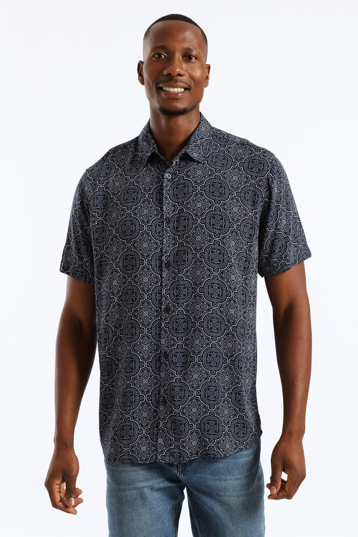 Casa Tile Viscose Regular Shirt - Navy