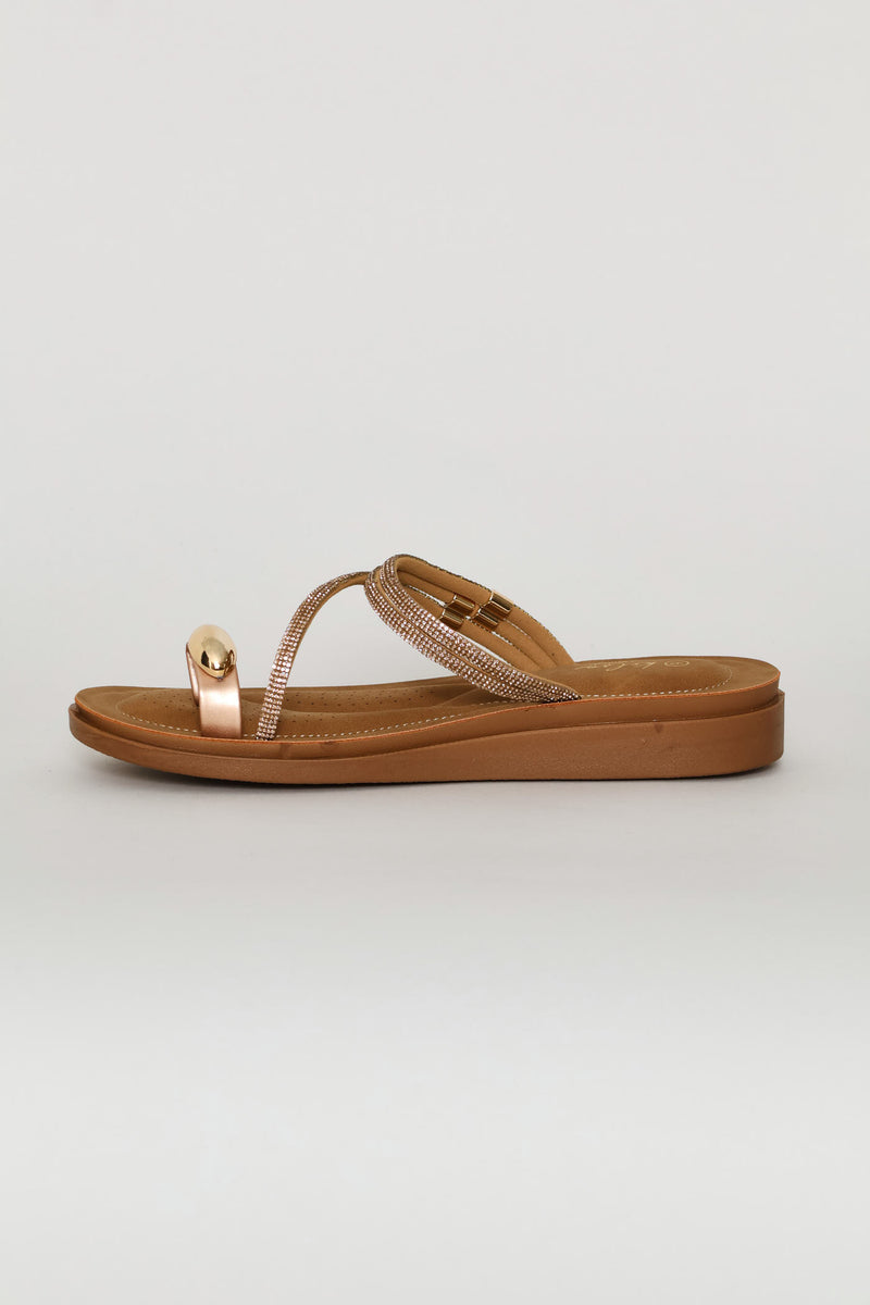 Diamante Strap Toe Post Sandal - Rose Gold